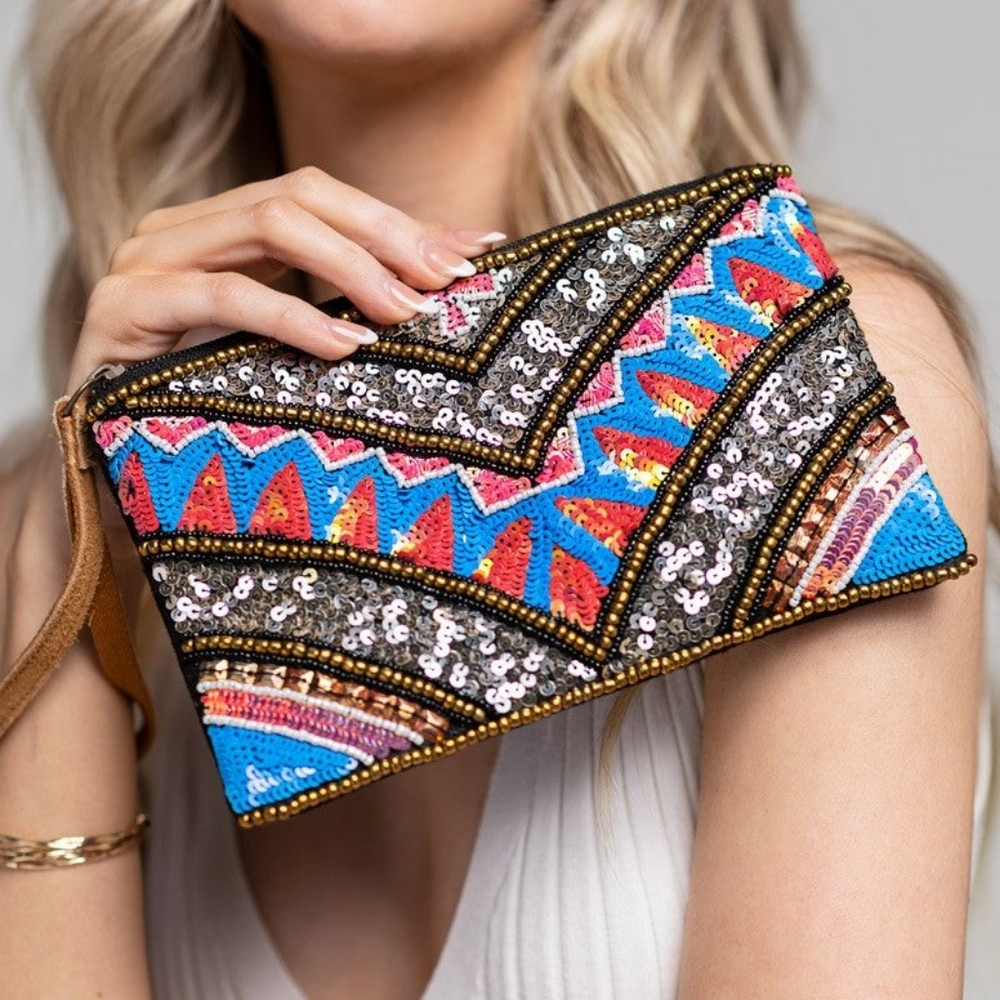 Handmade Hand Beaded & Sequined Wristlet Clutch - Ethnic Inspired Chevron Motif